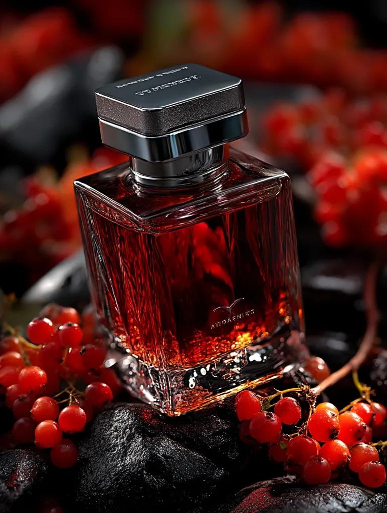 A dark red perfume bottle with a silver cap rests on dark stones surrounded by vibrant red berries. The bottle is rectangular with a clear base, showcasing the deep red liquid inside.  The brand name "ATDAENIKS" is subtly etched on the bottle. The overall image is dark and moody, highlighting the rich color of the perfume and the surrounding berries.