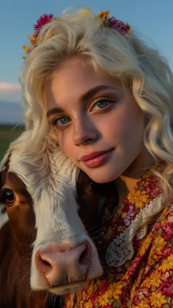 A young woman with long blonde, curly hair adorned with a flower crown, gently rests her cheek against a brown and white calf.  She's wearing a floral, autumnal-colored dress.  The setting appears to be outdoors in a field, bathed in the warm light of either sunrise or sunset. The image evokes a feeling of gentle serenity and connection with nature.