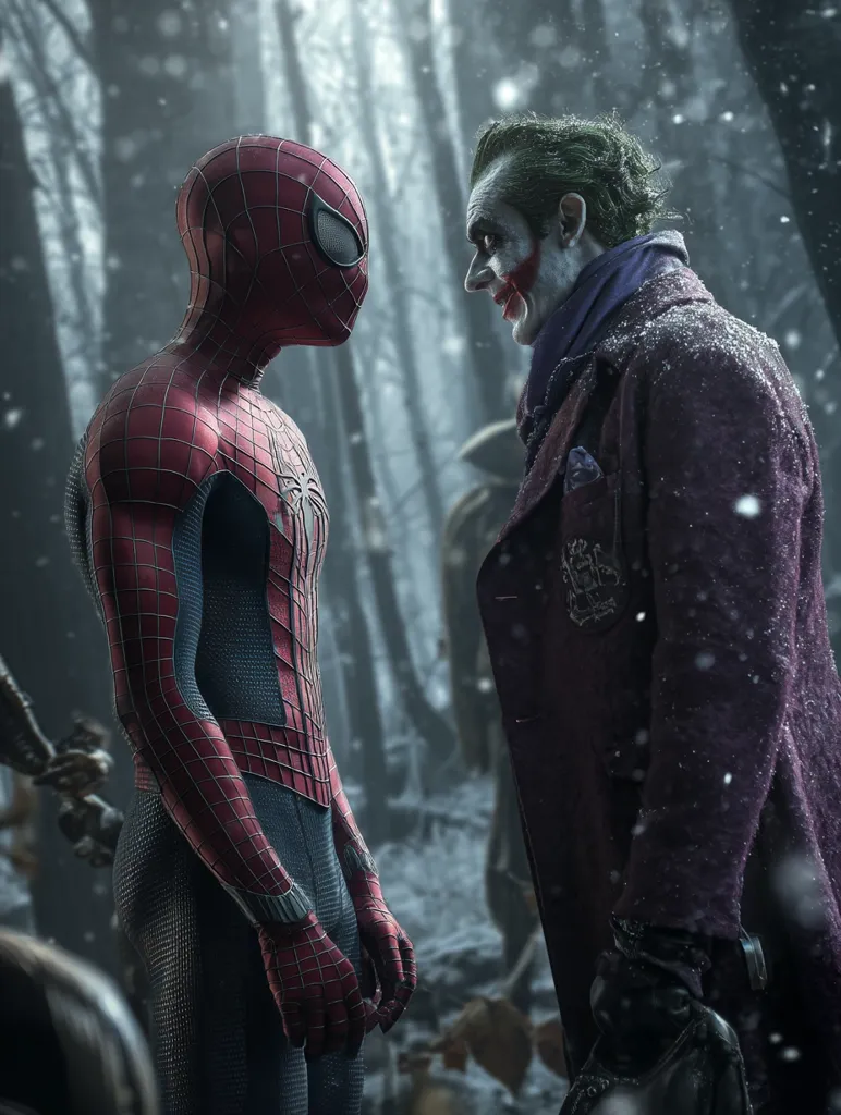 A dramatic image depicts Spider-Man and the Joker facing each other in a snowy forest.  Spider-Man, in his signature red and blue suit, stands opposite the Joker, clad in his purple coat. The contrast between the heroes is stark, the snowfall adding to the atmospheric tension of their silent confrontation. The background suggests a desolate, perhaps foreboding setting.  The scene is rich with visual storytelling, hinting at a conflict between these iconic characters.