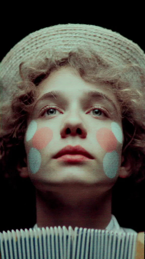 Close-up portrait of a young person with curly blonde hair, wearing a light-colored hat.  Their face is partially painted with pastel-colored circular spots.  They appear to be holding an accordion, only a portion of which is visible at the bottom of the frame. The overall mood is serene yet slightly whimsical.  The image has a vintage or slightly filtered aesthetic.