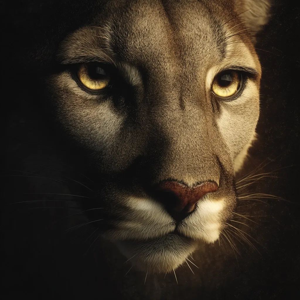 A close-up reveals the intense gaze of a cougar, its amber eyes piercing the darkness.  The tawny fur, highlighted by subtle light, emphasizes the cat's powerful features—a broad nose, strong jaw, and delicate whiskers.  The image evokes a sense of wild beauty and untamed power. The dark background isolates the animal, focusing attention on its captivating presence.
