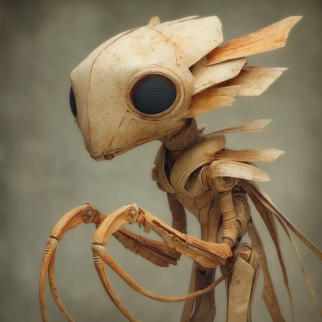 A detailed close-up reveals a meticulously crafted robotic creature, possibly an insect-like android. Its beige, weathered exterior suggests age and wear, while dark-gridded eyes add a touch of mystery.  Intricate, segmented limbs and a feathered back showcase a blend of organic and mechanical design. The overall aesthetic is one of delicate strength and poignant fragility.