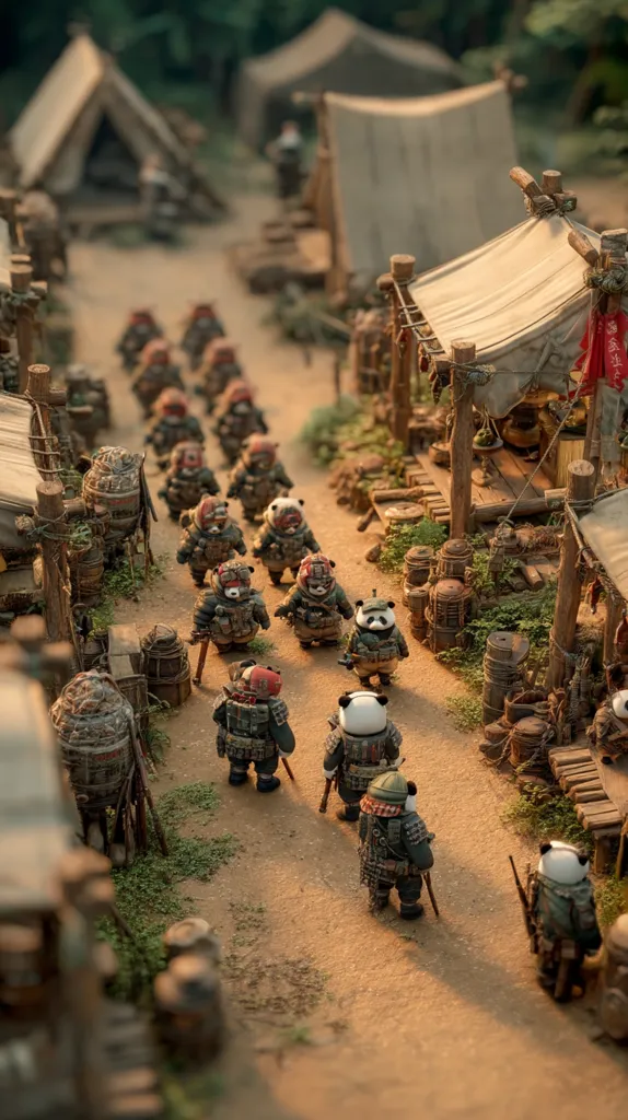 A meticulously crafted miniature diorama depicts a column of panda soldiers marching along a dirt road.  The pandas are clad in military attire, traversing a landscape featuring rustic tents, wooden structures, and barrels, suggestive of a war-torn or frontier setting.  The scene is bathed in warm, golden light, enhancing the detail and evocative atmosphere.