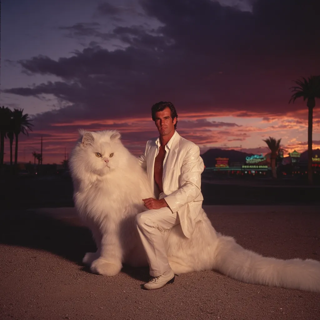 A man in a white suit sits astride a giant fluffy white cat at sunset.  The backdrop features a desert landscape with palm trees and a distant city skyline. The man appears to be shirtless under his jacket. The overall scene is dramatic and somewhat surreal, highlighting the enormous size of the cat.