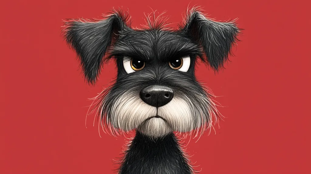 A close-up illustration of a miniature schnauzer with a grumpy expression.  The dog's black and white fur is meticulously detailed, and its furrowed brow and narrowed eyes convey a clear sense of displeasure. The intense gaze is set against a vibrant red background, highlighting the dog's mood. The style is cartoonish yet realistic, capturing the dog's unique features.