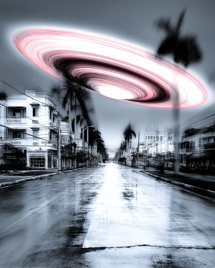 A surreal, monochrome image depicts a swirling, pinkish-white vortex hovering above a city street.  Palm trees line the street, their forms blurred by motion.  The buildings are rendered in a desaturated, almost ghostly style. The overall effect is one of ominous mystery, suggesting a science fiction or fantasy scenario. The street appears wet, reflecting the sky and the strange phenomenon above.