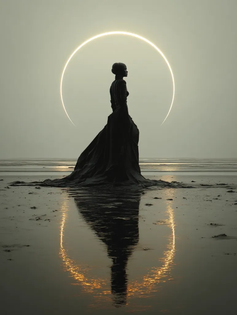 A solitary figure, clad in a dark, flowing gown, stands on a tranquil beach.  A luminous ring, reminiscent of a solar eclipse, frames the figure against a muted sky. The woman's silhouette is reflected in the calm water, mirroring the celestial arc. The overall mood is serene and enigmatic, suggesting a mystical or otherworldly setting.