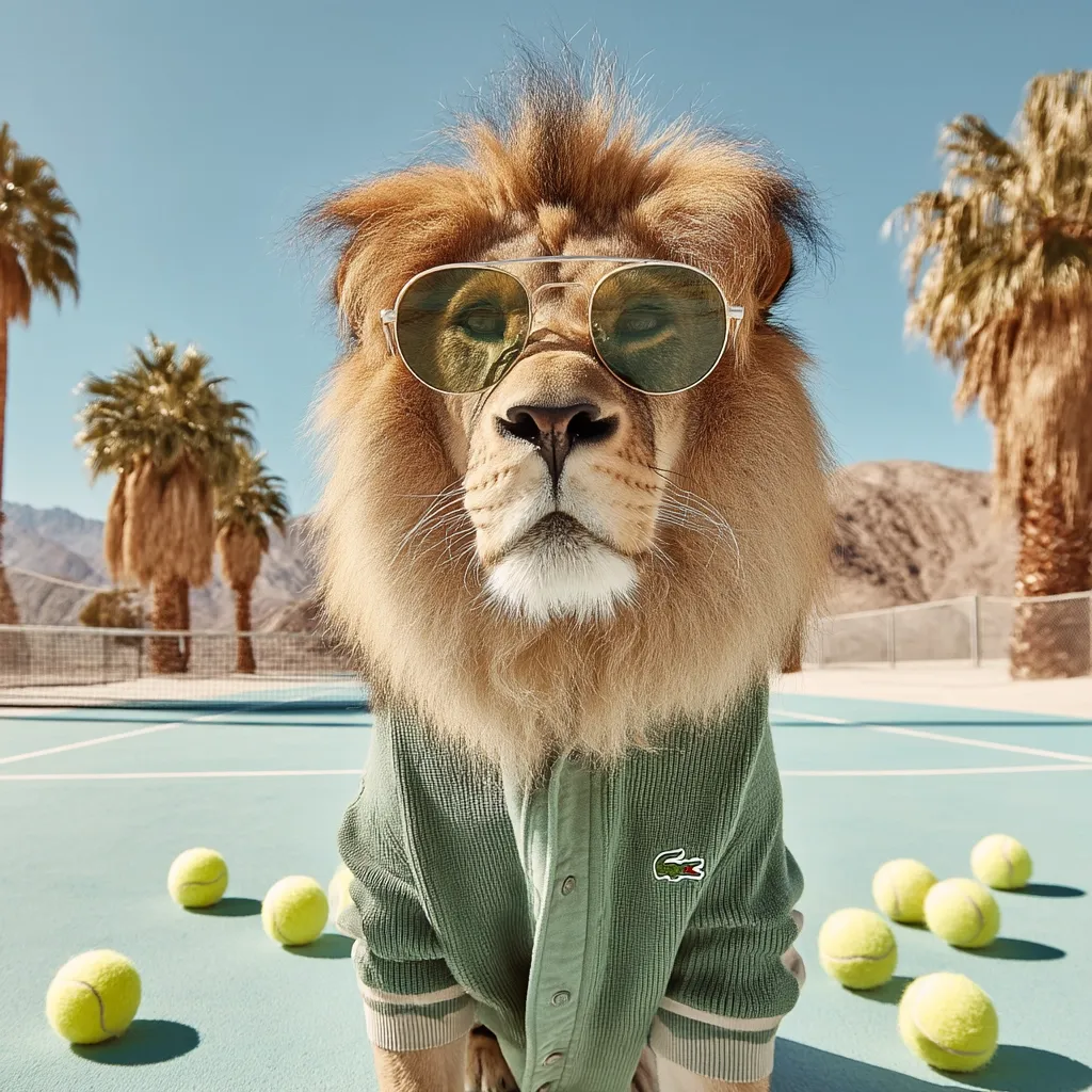 A majestic lion, sporting aviator sunglasses and a sage green Lacoste tracksuit, sits on a turquoise tennis court.  Palm trees and a desert backdrop create a vibrant, stylish scene.  Tennis balls are scattered around the lion's feet, adding to the playful, sophisticated atmosphere.