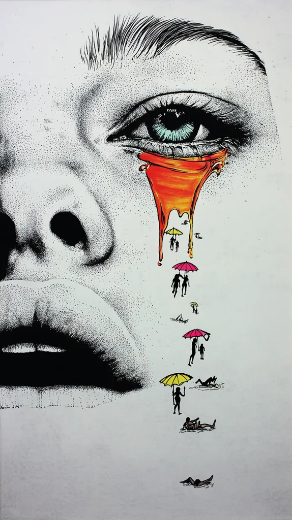 A pointillist-style drawing depicts a close-up of a woman's eye, from which a vibrant orange tear flows.  The tear transforms into a stream of tiny figures under colorful umbrellas at a beach.  The contrast between the detailed face and the simplistic beach scene creates a striking juxtaposition. The overall effect suggests a poignant emotional release, perhaps a memory or dream.