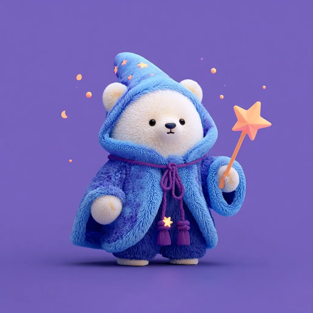 A charming 3D-rendered polar bear is depicted as a wizard.  Wearing a fluffy blue robe and pointed hat adorned with stars, it holds a star-topped wand.  The purple background is subtly accented with floating crescent moons and stars, enhancing the magical, whimsical atmosphere. The bear's expression is sweet and innocent.