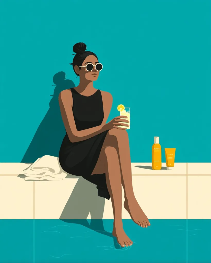 A stylish woman with dark skin and a bun sits poolside in a black dress, sunglasses, and sipping a drink.  A towel rests beside her. Two bottles of sunscreen sit on the edge of the pool. Her feet dangle in the turquoise water, creating a calm and sophisticated summer scene. The illustration is minimalist and uses bold colors.