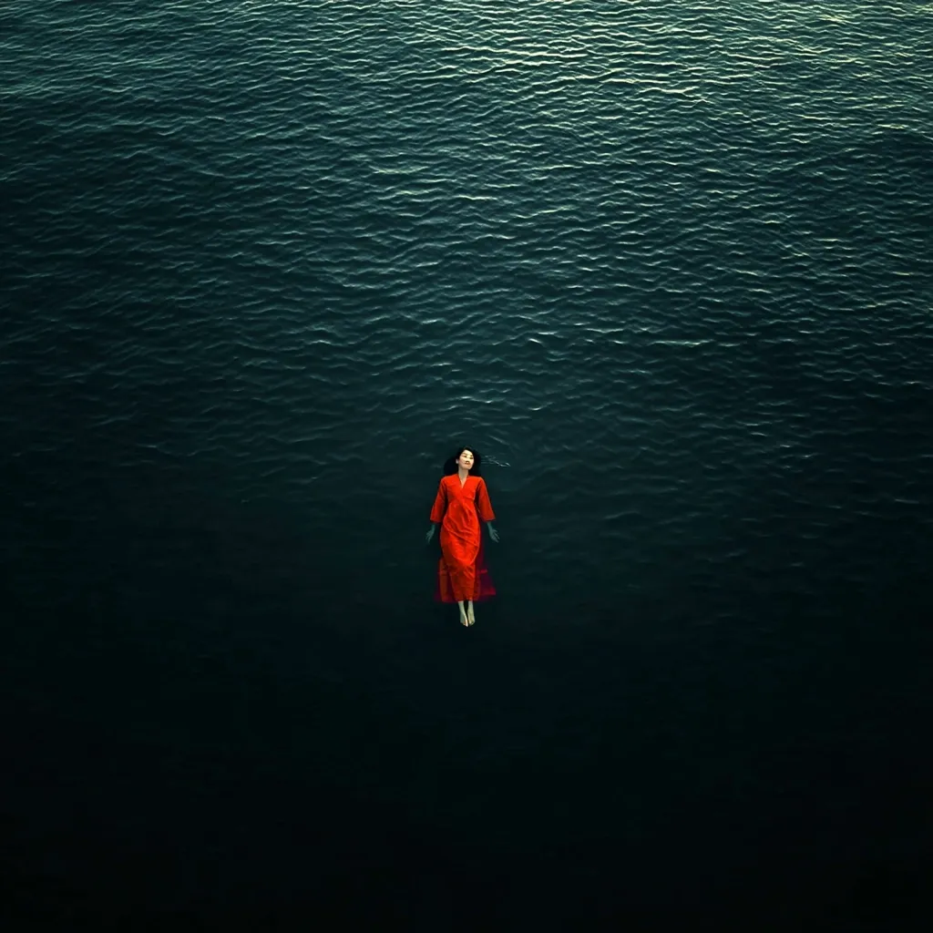 An aerial shot captures a woman in a vibrant red dress, serenely floating on dark, still water.  Her arms are outstretched, and her eyes are closed, creating a sense of peace and tranquility. The contrast between the red dress and the deep blue water is striking, evoking a feeling of mystery and contemplation. The image is visually arresting, with a strong emphasis on color and composition.