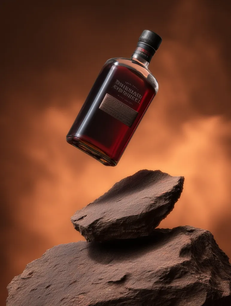 A bottle of Drambuie liqueur floats above a stack of dark brown rocks against a blurred orange background. The bottle is partially visible, showcasing its label and dark amber liquid.  The image's lighting and composition create a dramatic, almost surreal effect, emphasizing the liqueur's rich color and mysterious quality.  The rocks provide a rustic, earthy contrast to the refined bottle.
