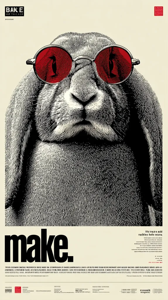 A black and white illustration of a rabbit wearing oversized red sunglasses dominates the poster.  The word "make" is prominently displayed below the image in bold, black lettering.  Small text at the bottom provides additional information, including what appears to be track and artist details. The overall style is graphic and striking.