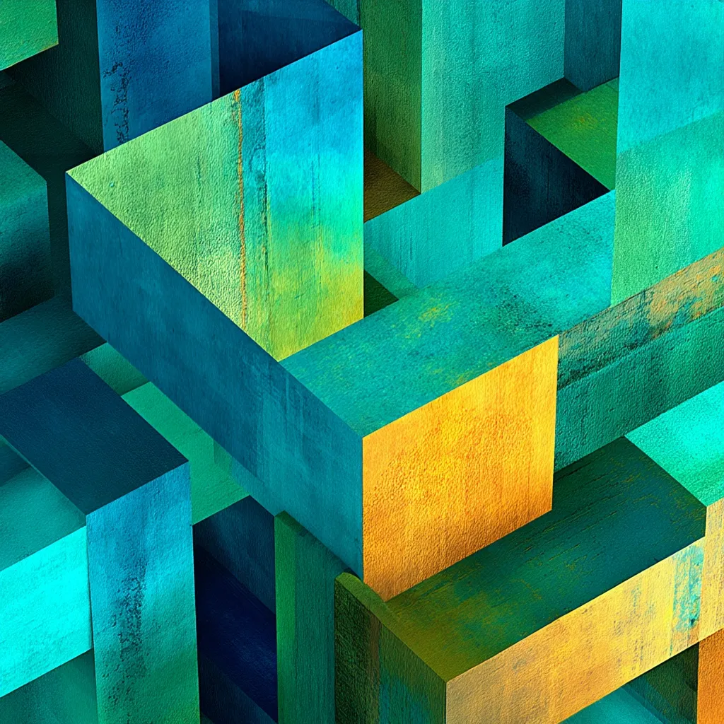 An abstract image features a complex arrangement of intersecting three-dimensional cubes.  The cubes are predominantly teal and turquoise, with accents of gold and green. The textured surfaces give the impression of aged or weathered paint, creating a sense of depth and visual interest. The overall effect is a dynamic and visually captivating geometric composition.