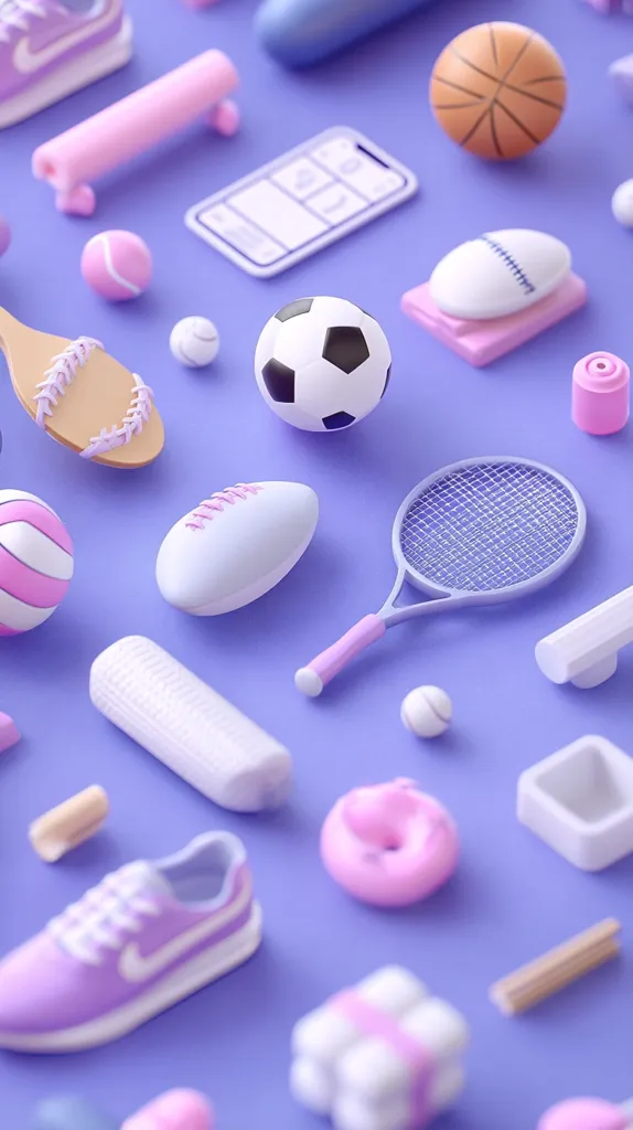 A vibrant purple background showcases a playful array of miniature sports equipment and sweet treats.  A soccer ball, tennis racket, basketball, baseball bat, and other items are scattered alongside donuts and pastel-colored objects. The scene is bright and cheerful, suggesting a fun and active lifestyle.  The overall aesthetic is cute and stylized, with a focus on pastel colors and 3D-rendered objects.