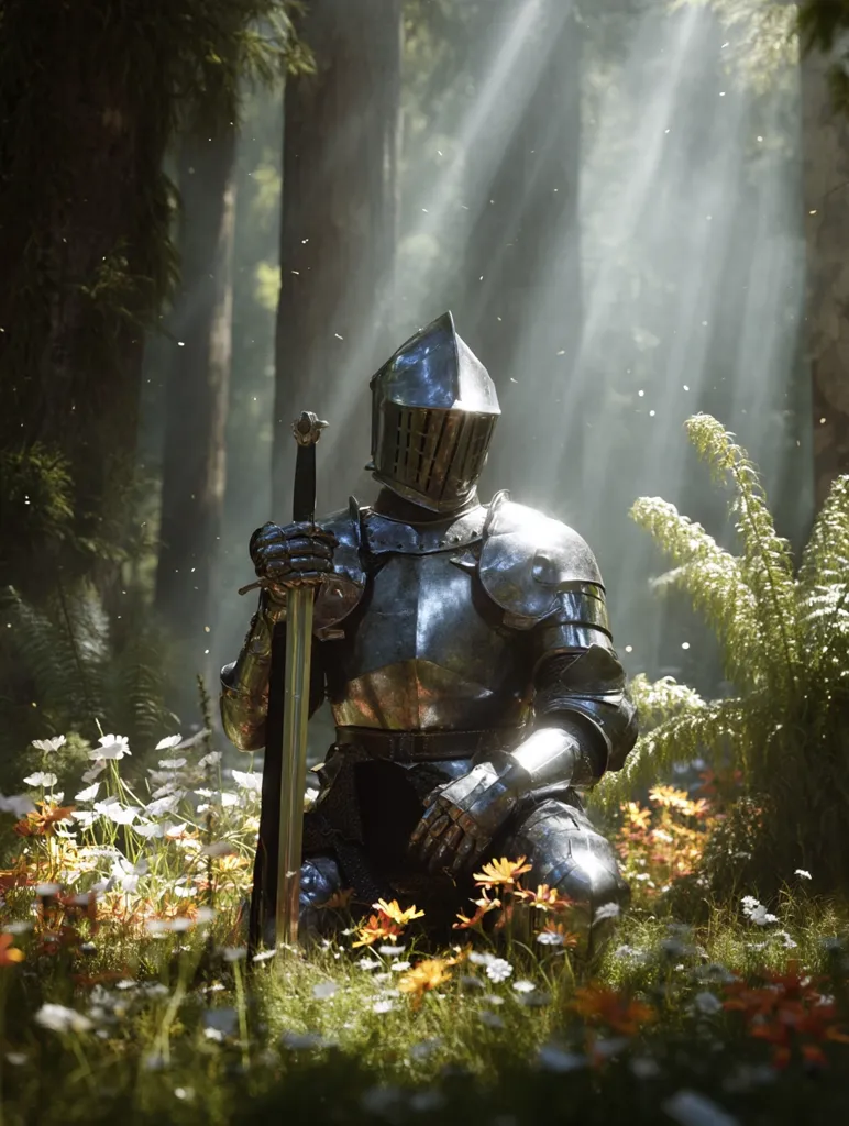 A knight in full plate armor kneels in a sun-dappled forest clearing, his sword planted in the ground before him.  Wildflowers bloom around his feet, contrasting the metallic gleam of his armor.  Sunlight streams through the trees, creating a mystical atmosphere.  The scene evokes a sense of peace and quiet contemplation, juxtaposing the warrior's strength with the delicate beauty of nature.