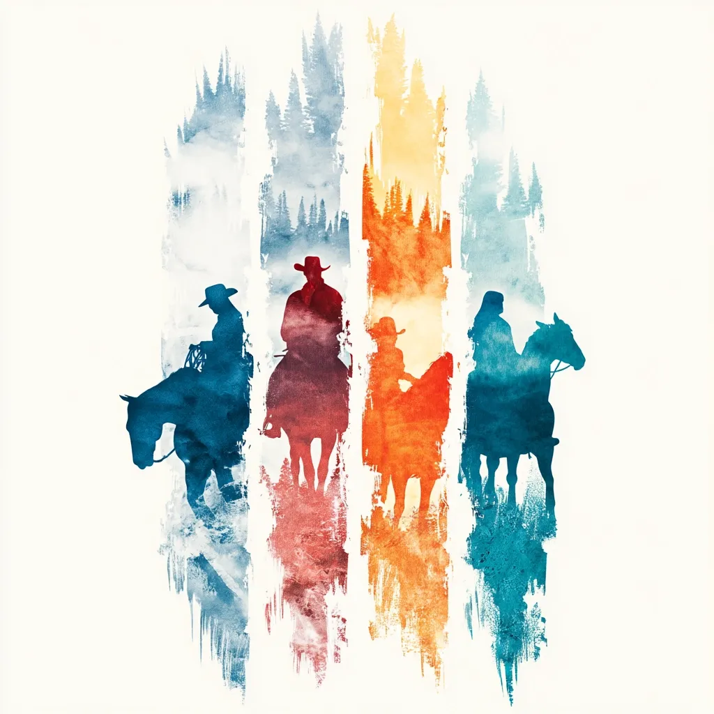Four silhouetted figures on horseback ride side-by-side against a vibrant watercolor backdrop.  Each rider is depicted in a distinct color palette—cool blues, warm reds, and fiery oranges—representing a diverse group. The background features stylized forest scenes, adding depth and a sense of movement to the piece.  The overall style evokes a feeling of the American West, suggesting a journey or a shared experience.