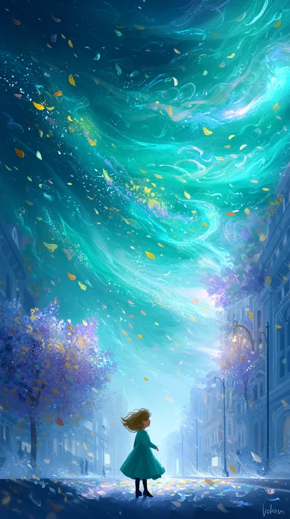 A young girl in a teal dress stands on a city street, mesmerized by a swirling, ethereal vortex of turquoise and teal above.  Falling leaves, yellow and purple, dance in the magical current.  The scene is dreamlike, with soft lighting and muted building tones contrasting against the vibrant sky.  The overall mood is one of wonder and enchantment.