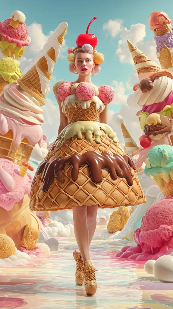 A woman models a whimsical ice cream cone dress, adorned with chocolate and various colorful scoops.  She walks on a pastel-colored path surrounded by giant ice cream cones and sweets.  The scene is surreal and playful, evoking a dreamlike atmosphere of sugary delights. Her golden shoes complement the dessert-themed attire, creating a visually stunning and fantastical image.
