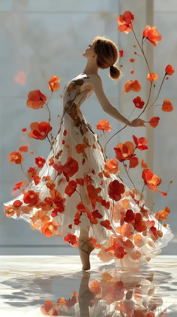 A graceful woman, poised on one foot, is adorned in a flowing white gown embellished with vibrant orange poppies.  The dress and flowers seem to merge seamlessly, creating an ethereal and dreamlike effect. The setting is minimalist, with a reflective surface mirroring the scene, enhancing the image's serene beauty and artistic composition. The overall impression is one of delicate elegance and natural harmony.