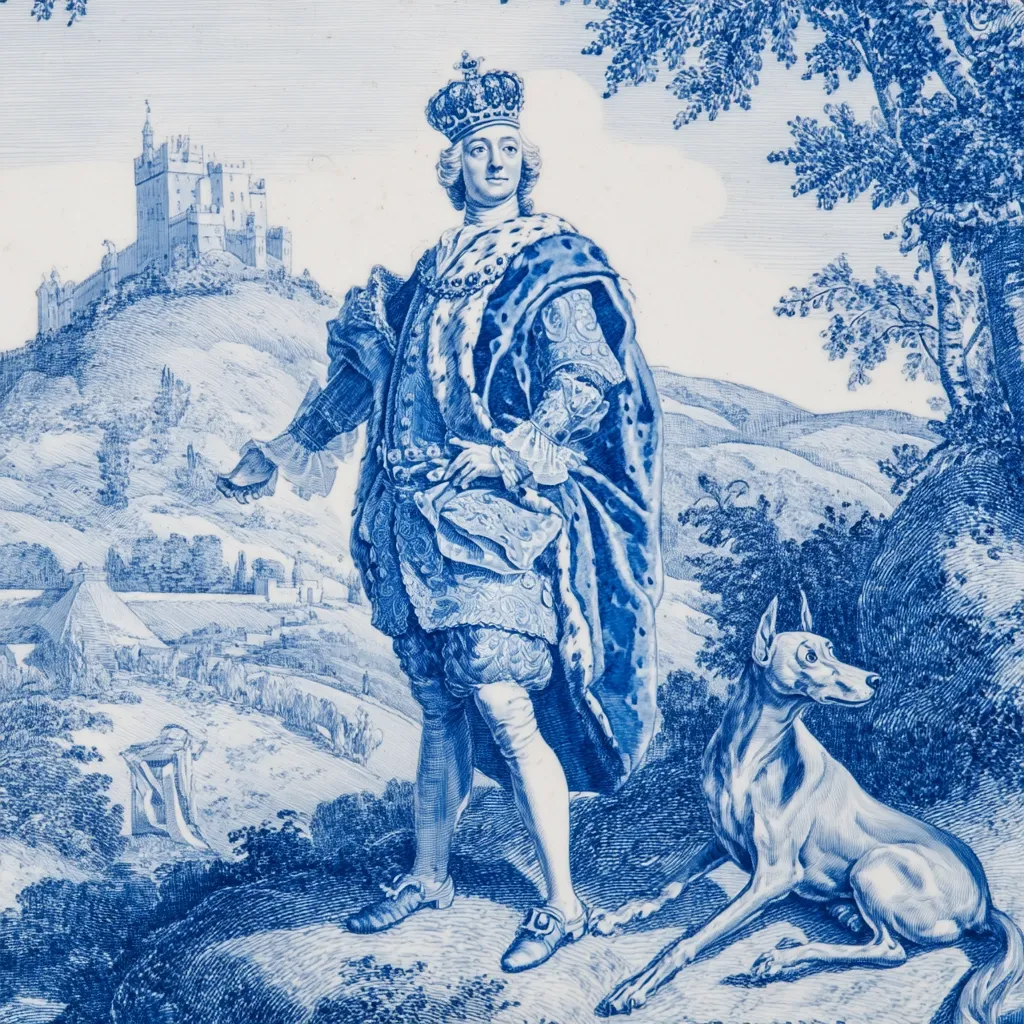 A blue and white image depicts a king in regal attire, standing in a landscape. He wears a crown, ornate robe, and holds a small object. A dog sits at his feet.  A castle is visible on a hill in the background, with a rolling landscape and trees completing the scene. The style suggests an antique print or ceramic piece.