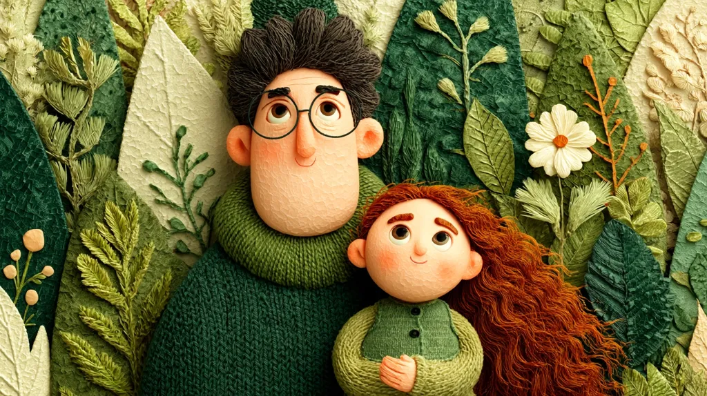 A charming illustration showcases a father and daughter, crafted in a whimsical, three-dimensional style.  They are depicted wearing matching green sweaters, nestled amidst a lush backdrop of textured leaves and flowers. The father wears glasses, and both figures possess endearingly large eyes.  The scene evokes a feeling of warmth, love, and connection amidst nature. The artwork's texture and detail add to its captivating charm.