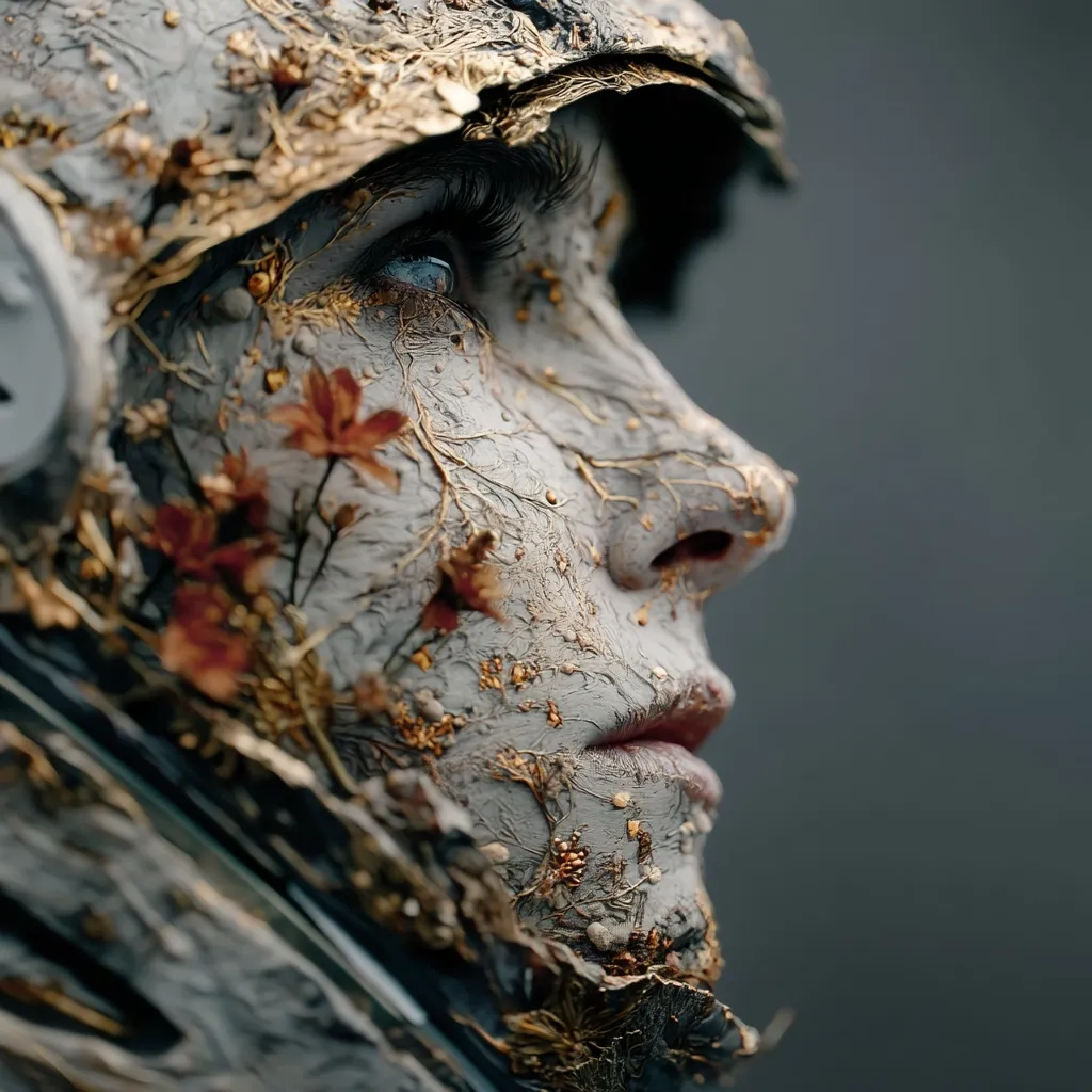 A close-up profile view of a face adorned with a textured, gray mask, interwoven with gold accents and delicate, dried red flowers.  The mask resembles aged stone or bark, creating a striking contrast with the person's visible blue eye.  Part of a helmet or headpiece is visible, suggesting a futuristic or fantasy setting. The overall effect is one of both beauty and decay, blending organic and artificial elements.