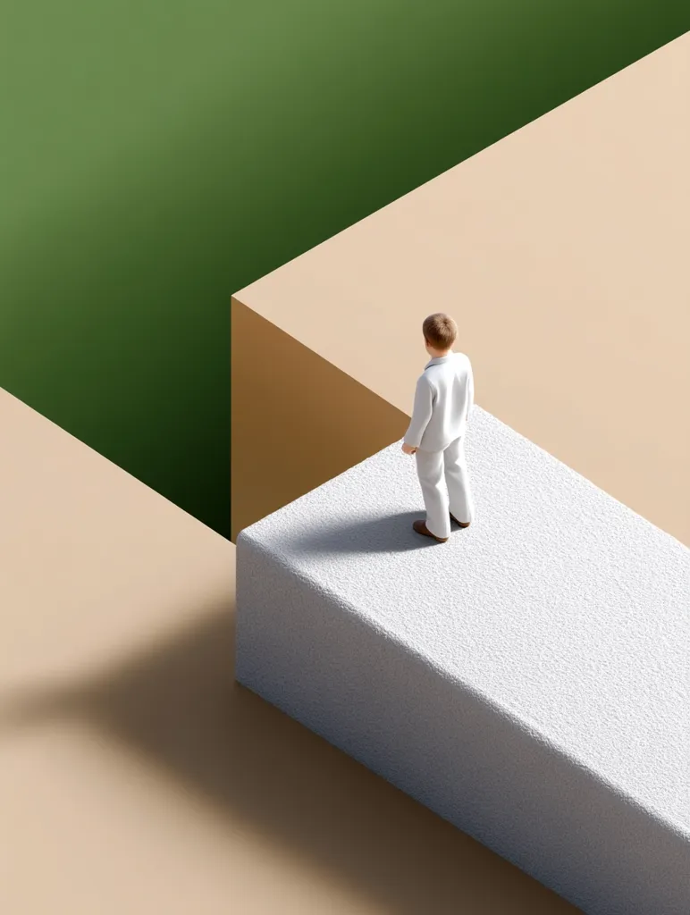 A miniature figure in white clothing stands at the edge of a white platform, overlooking a deep green chasm between two beige structures.  The scene is minimalist and uses muted colors, creating a sense of isolation and perhaps a decision point. The perspective is slightly elevated, emphasizing the figure's precarious position.