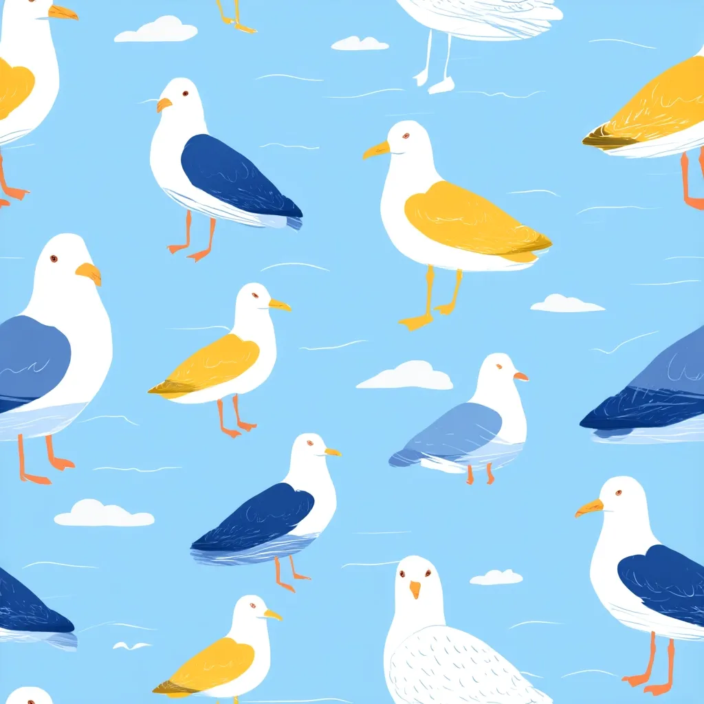 A seamless pattern features various stylized seagulls against a light blue sky. The birds are depicted in a playful, cartoonish manner with simplified shapes and bold colors, including blue, yellow, and white.  Clouds are scattered across the background, adding to the cheerful seaside theme. The pattern is suitable for textile designs or other decorative purposes.