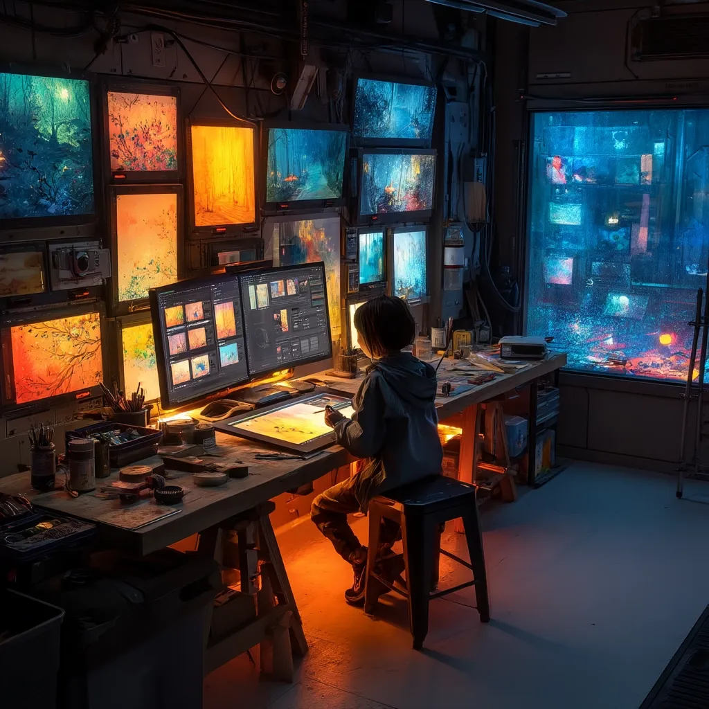 A young artist sits at a dimly lit workstation, surrounded by numerous screens displaying vibrant, fantastical landscapes. The room is filled with artistic tools and a wall adorned with artwork, creating a creative and immersive atmosphere.  Warm light illuminates the artist and their digital drawing tablet, contrasting with the cooler tones of the surrounding screens and cityscape viewed through a large window. The scene evokes a feeling of quiet concentration and artistic inspiration.