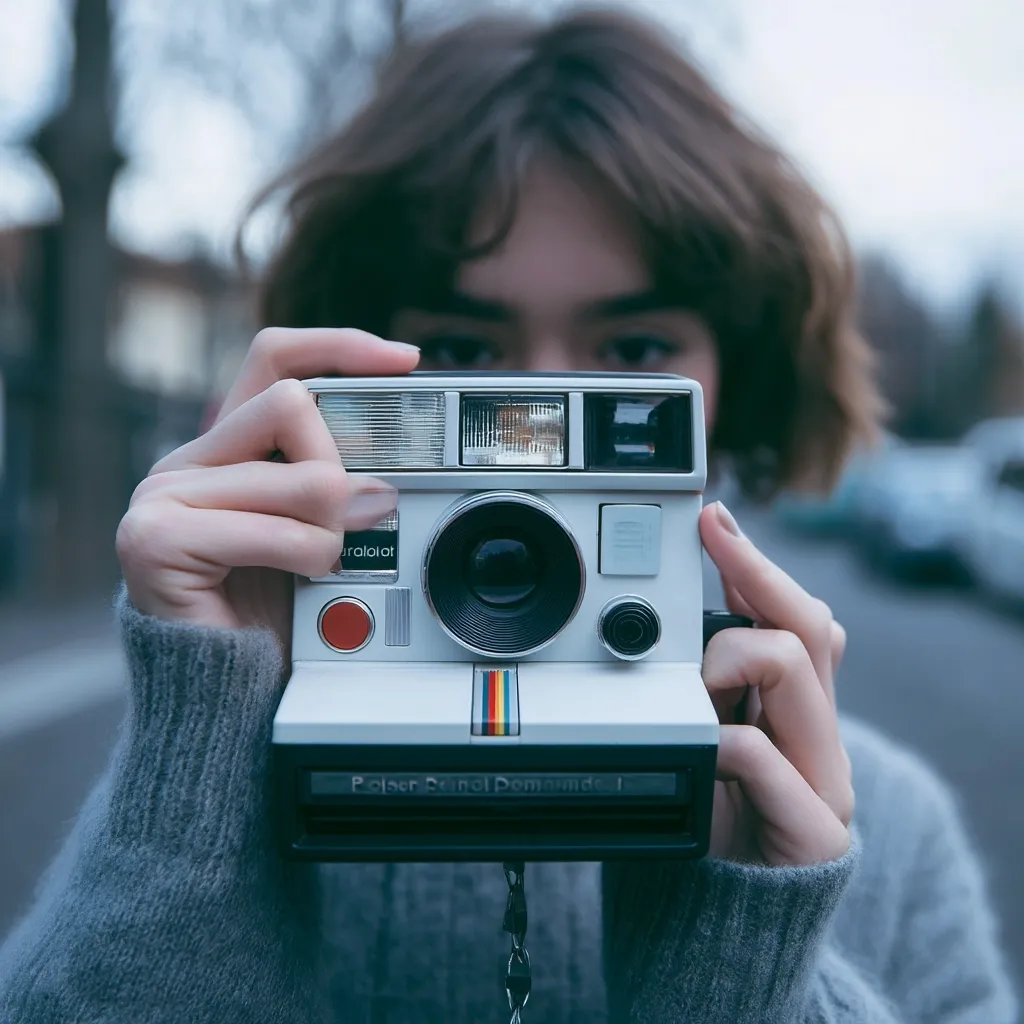 A young woman with short brown hair holds a Polaroid camera up to her face, obscuring her features.  She's wearing a gray sweater. The background is blurred, showing an out-of-focus street scene. The focus is sharply on the vintage Polaroid camera, suggesting a focus on photography or nostalgia.  The overall mood is calm and contemplative.