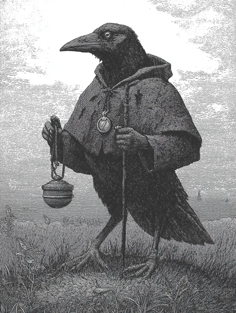 A detailed black and white illustration depicts a crow anthropomorphically dressed as a monk.  The crow wears a hooded robe, carries a staff, and holds a small, round container on a chain.  A medal hangs from its neck.  The scene is set in a grassy field, with a distant, hazy landscape visible in the background.  The style is reminiscent of woodcuts or engravings, with fine cross-hatching creating depth and texture.