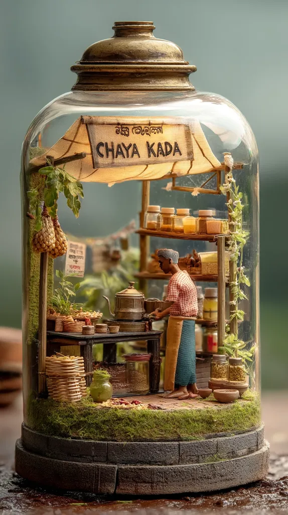 A miniature diorama inside a glass jar depicts a Chaya Kada (tea stall). A small figure of a man stands behind a counter stocked with various jars and baskets of ingredients.  The stall is nestled in a miniature landscape with greenery and a small awning, creating a charming, detailed scene of a traditional tea shop.  The jar's lid is brass, adding to its antique aesthetic.