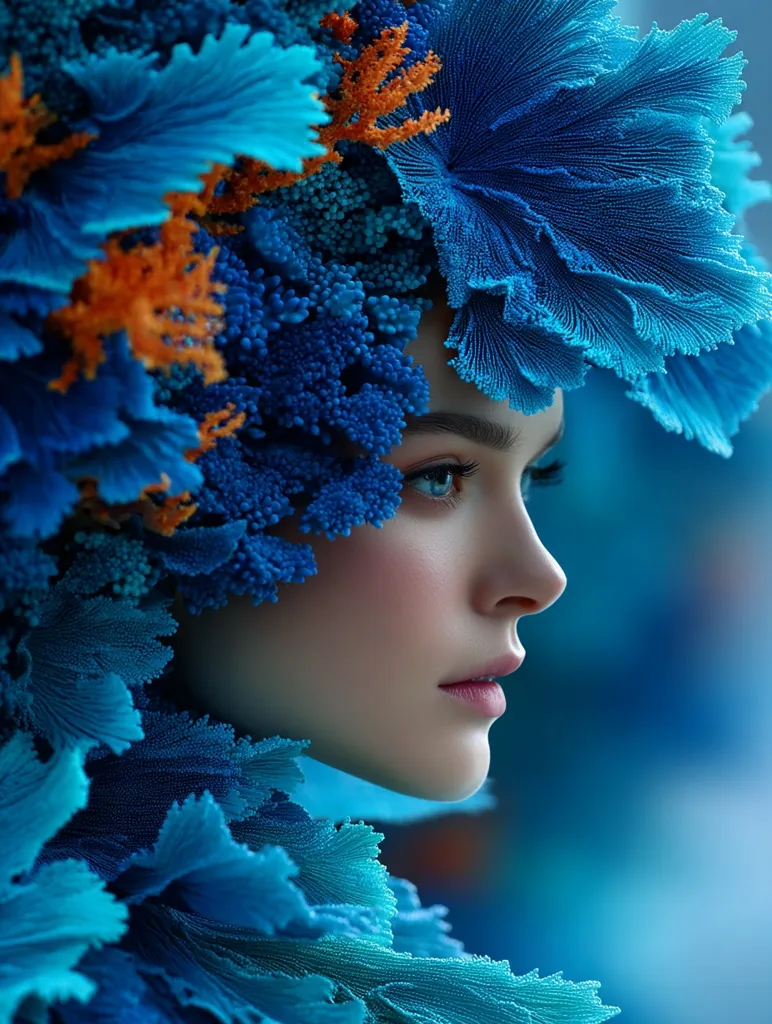A woman's profile is shown, her face partially obscured by an elaborate headdress and garment of intricately detailed, textured blue and orange coral-like forms.  The colors are predominantly cool blues and teals, creating a dreamy, underwater aesthetic.  Her expression is serene and contemplative, enhancing the overall ethereal and artistic quality of the image.