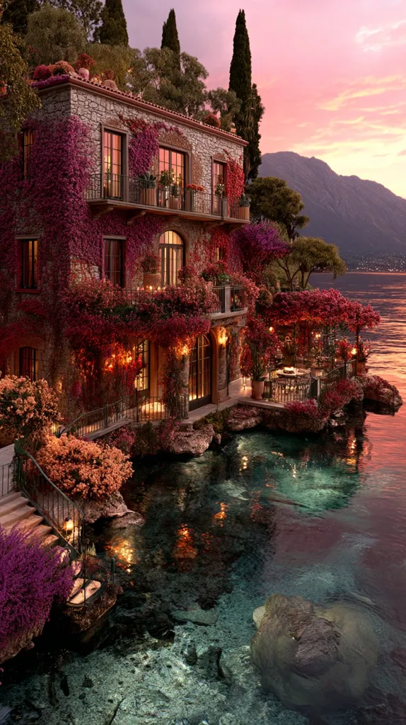 A stone villa, draped in vibrant crimson vines, sits on a tranquil lake at sunset.  Warm light illuminates the building's charming balconies and windows.  The water is calm, reflecting the house and the fiery sky. Lush landscaping surrounds the property, creating a picturesque, romantic scene.  A large, dark shape, possibly a rock formation, is partially submerged in the lake's edge.
