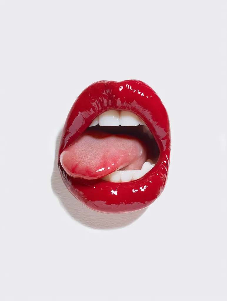 Close-up of a woman's mouth with bright red, glossy lipstick.  Her tongue is slightly protruding. The image is sharply focused, highlighting the texture of the lipstick and the details of the teeth and tongue. The background is plain white, drawing all attention to the lips.