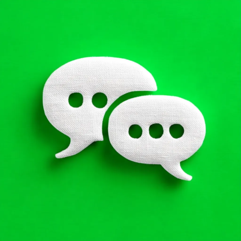 Two white speech bubbles, textured like fabric, overlap against a vibrant green background.  The larger bubble has two dots, while the smaller bubble contains three.  They represent communication, conversation, or messaging.  The image is clean and minimalist, with a focus on the speech bubble shapes.