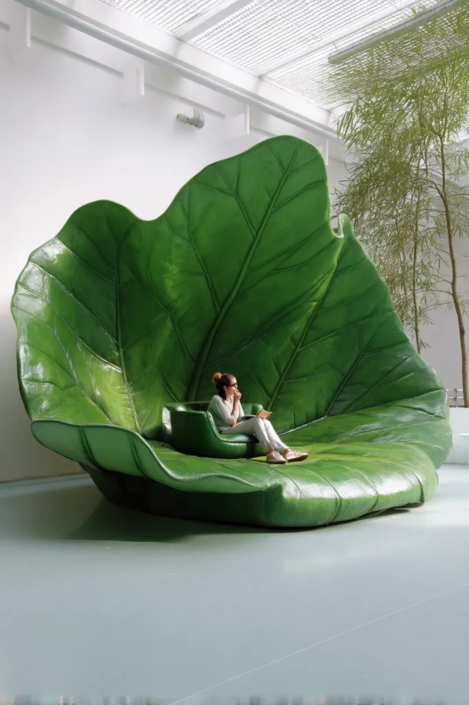 A woman sits on a large, leaf-shaped chair in a modern, bright interior. The chair is sculpted to resemble a giant green leaf, providing a unique and comfortable seating experience.  The setting features a minimalist design with a high ceiling and plants visible in the background, creating a serene and natural ambiance. The overall impression is one of artistic design and tranquility.