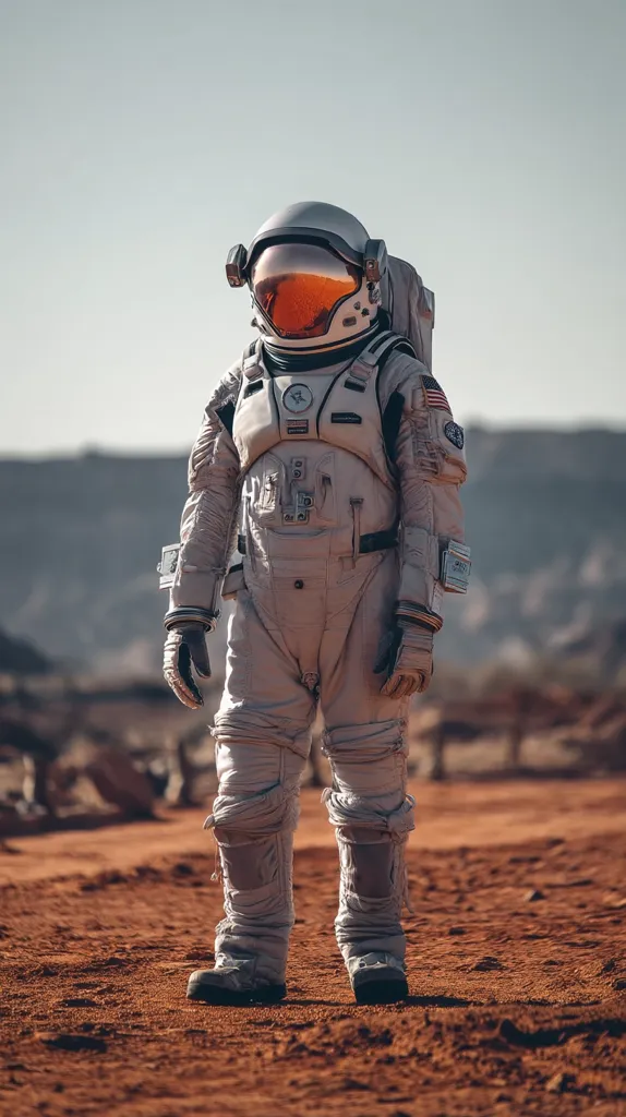 A lone astronaut stands on a desolate, rust-colored landscape, possibly Mars.  The astronaut's spacesuit is a light beige, equipped with a backpack and an orange-tinted helmet visor reflecting the surrounding environment. The figure is captured in a full shot against a hazy sky, conveying a sense of isolation and exploration. The detailed suit suggests advanced technology, and the scene evokes a feeling of pioneering a new frontier.