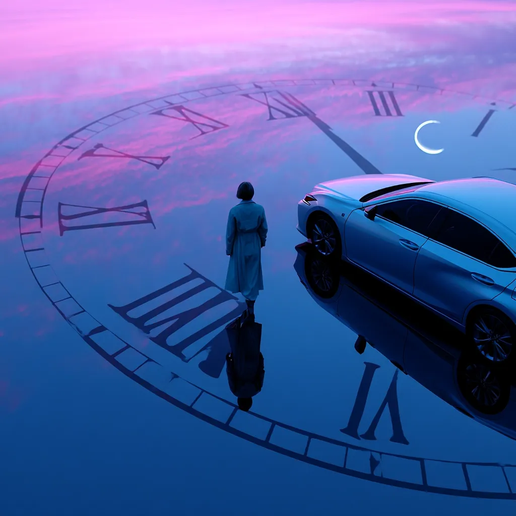 A woman stands on a reflective surface displaying a giant clock face beneath a twilight sky. A car is parked nearby, its reflection mirrored perfectly.  The scene is surreal and atmospheric, evoking a sense of time, contemplation, and the passage of moments.  A crescent moon hangs in the purple-pink sky.  The overall feeling is one of dreamlike stillness.