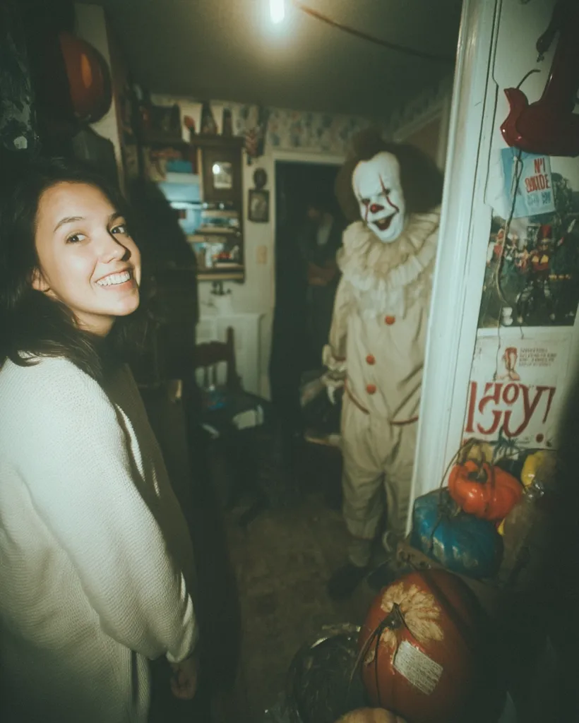A young woman with a surprised yet happy expression stands in a dimly lit kitchen.  Behind her, a person dressed as Pennywise the Dancing Clown from Stephen King's *IT* looms, creating a spooky and unexpected juxtaposition. The kitchen is cluttered, adding to the unsettling atmosphere.  The scene suggests a Halloween prank or a horror-themed photoshoot.
