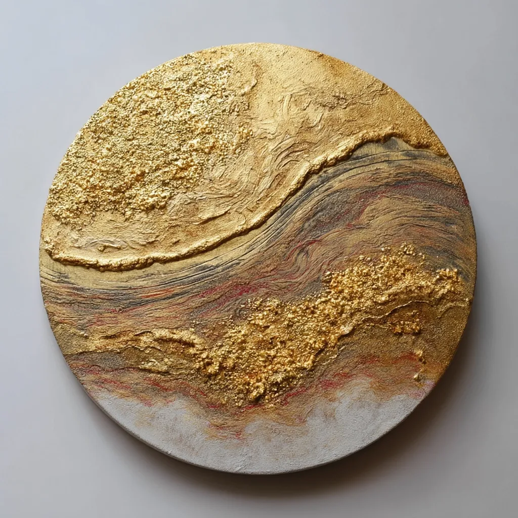 A circular abstract artwork features a textured, swirling design in gold and earthy tones.  The predominantly gold sections are heavily textured, contrasting with smoother, darker brown and red marbling.  The piece has a three-dimensional quality, with the gold appearing raised and applied in a thick layer.  The overall effect is luxurious and reminiscent of a celestial landscape or geological formation.
