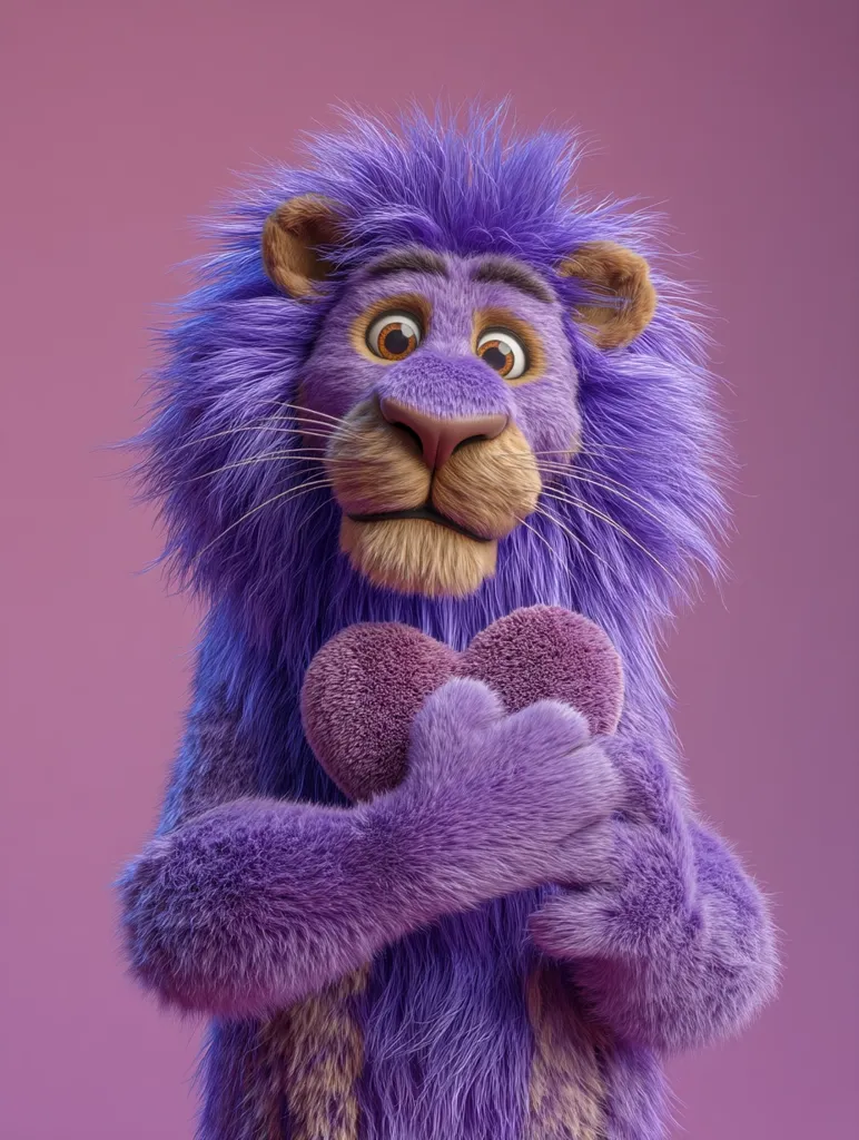 A fluffy purple lion, rendered in 3D, holds a purple heart close to its chest.  Its large, expressive eyes and soft fur give it a cuddly appearance. The lion's gentle expression and loving gesture convey a feeling of warmth and affection, perfect for a Valentine's Day theme or other expressions of love.  The background is a solid, muted purple.