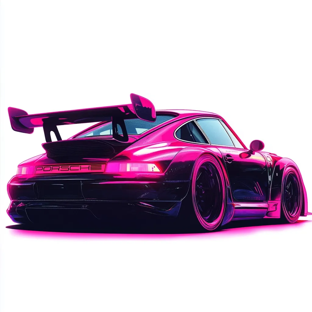 A vibrant pink Porsche 911, heavily modified, is showcased against a stark white background.  The rear view highlights a large rear wing, deep dish wheels, and a lowered stance.  The car's glossy finish and bold color create a striking, almost neon effect, suggesting a customized, high-performance build. The "Porsche" logo is clearly visible on the rear.