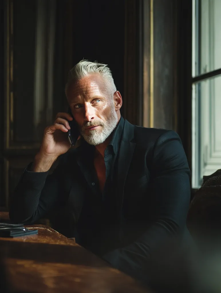 A mature man with short, stylish silver hair sits at a wooden table, holding a phone to his ear. He's dressed in a dark suit, exuding confidence and sophistication.  The setting appears to be a dimly lit, elegant room with large windows, creating a dramatic and moody atmosphere.  His expression is thoughtful, suggesting a serious conversation.