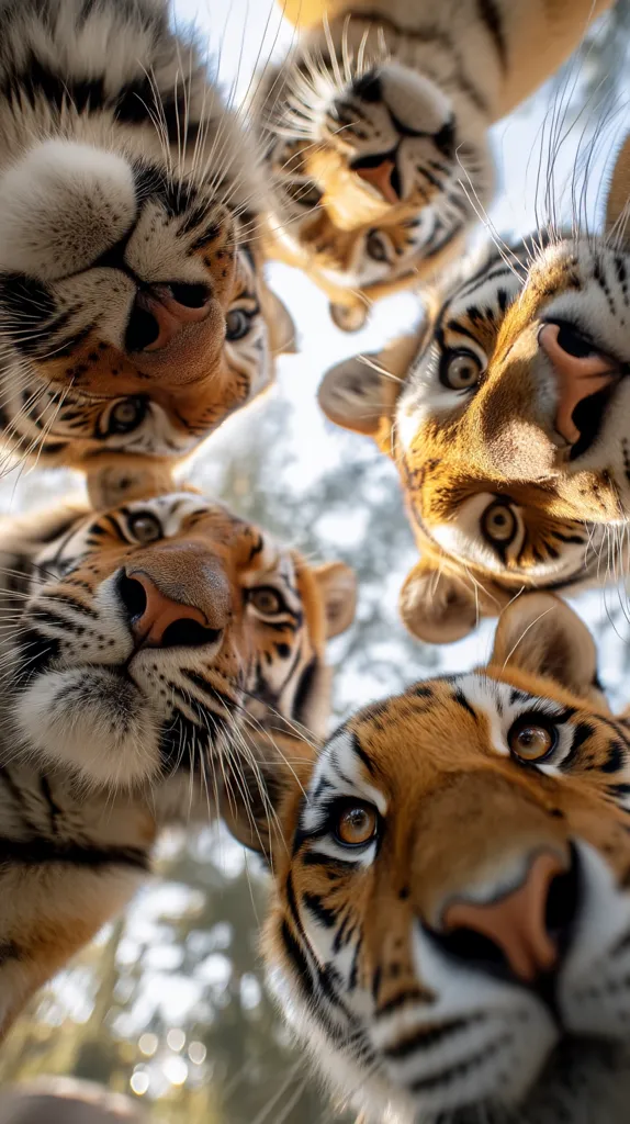 Four tigers surround the viewer in a playful, close-up shot.  Their faces fill the frame, noses and eyes prominent against a blurred background of trees and sky.  The perspective is from below, creating an intimate and engaging image of these majestic animals.  Their vibrant orange and black stripes are sharply defined, showcasing their beauty and power.
