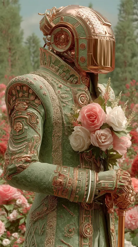 A robotic figure, adorned in an ornate, sage green coat embellished with gold detailing, stands amidst a rose garden.  The robot's helmet is copper, reflecting a steampunk aesthetic.  It holds a bouquet of pale pink and white roses, creating a striking contrast between the futuristic technology and the delicate flowers. The scene is serene and subtly blends organic and mechanical elements.