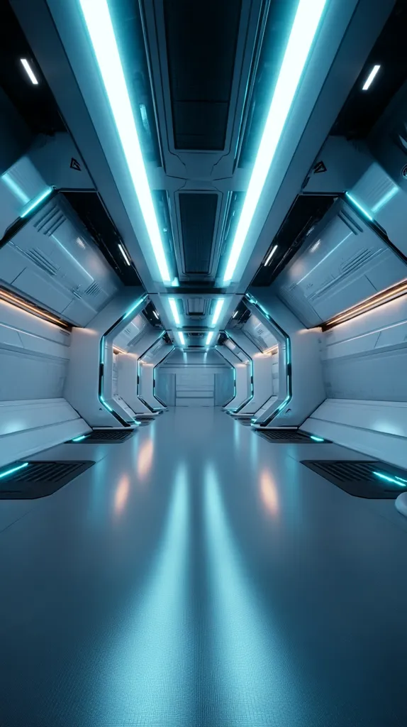 A futuristic, sleek corridor stretches into the distance, bathed in cool, cyan light emanating from the ceiling.  The walls are smooth, white panels with geometric accents.  The floor reflects the bright illumination, creating a sense of depth and modern, clean design. The overall atmosphere is one of sterile technological advancement.