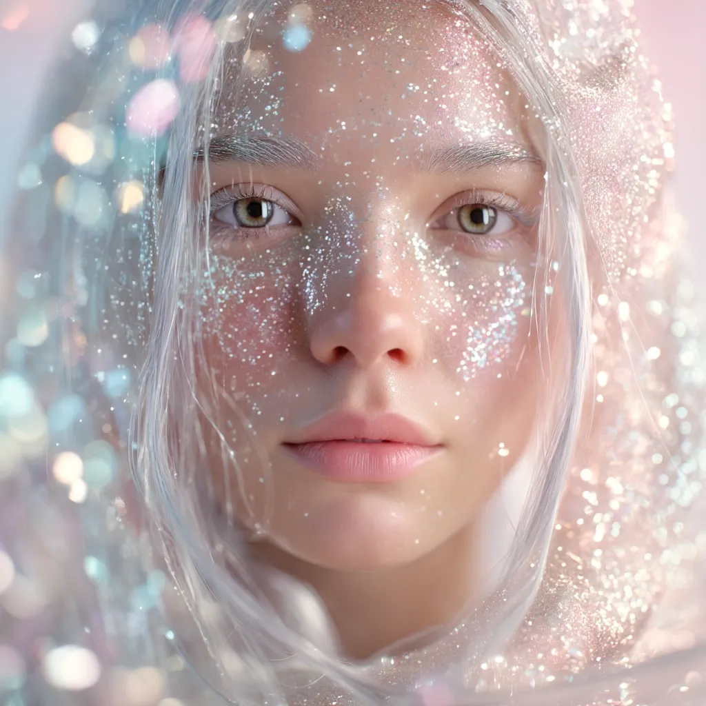 A close-up portrait of a young woman with platinum blonde hair. Her face is adorned with iridescent glitter, creating a magical, ethereal effect.  She gazes directly at the camera with a serene expression, partially veiled by a shimmering, translucent fabric. The overall image evokes a sense of fantasy and wonder.